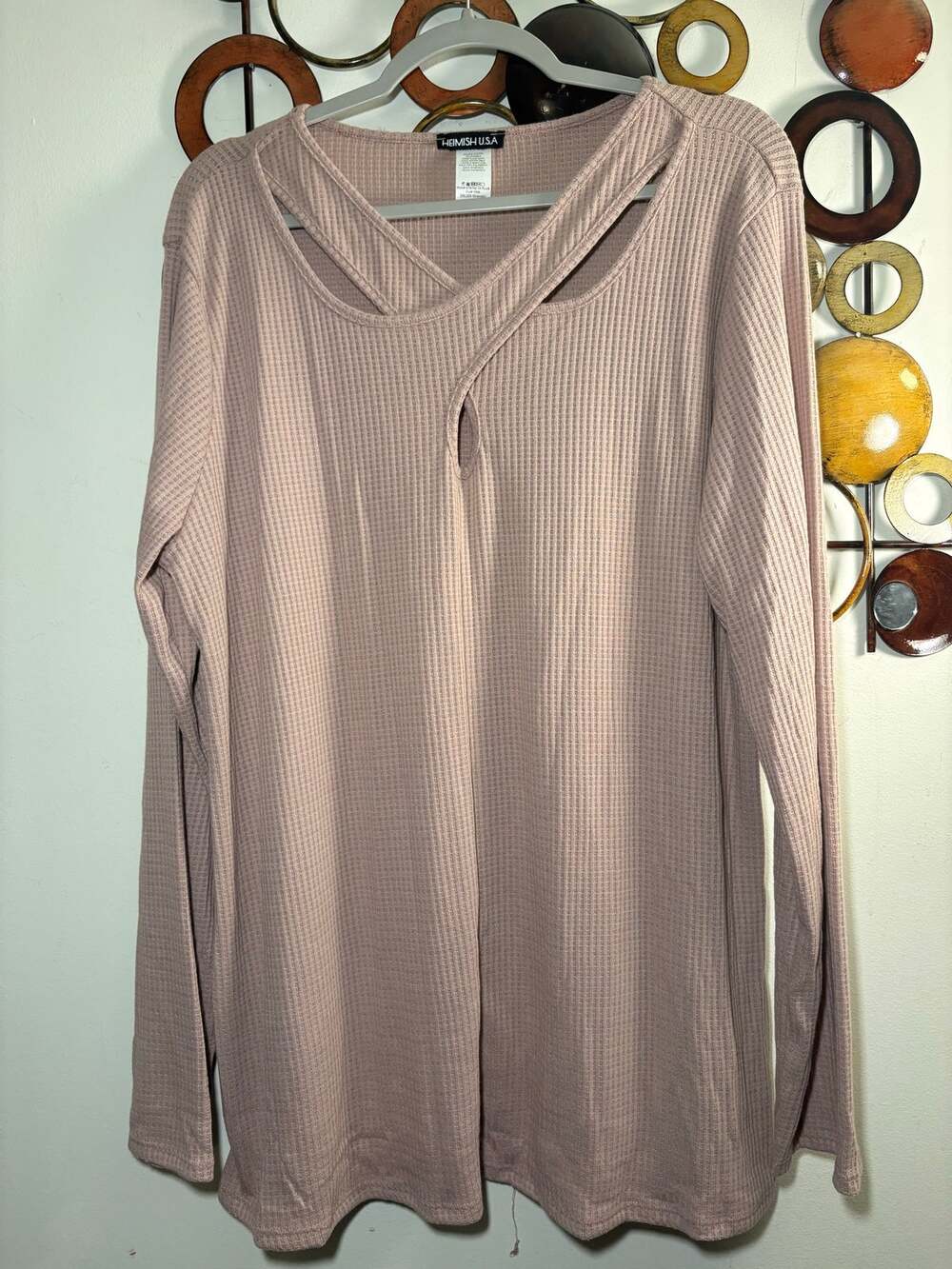 Heimish USA waffle knit pink nude womenโs long sleeve peekaboo chest cutout